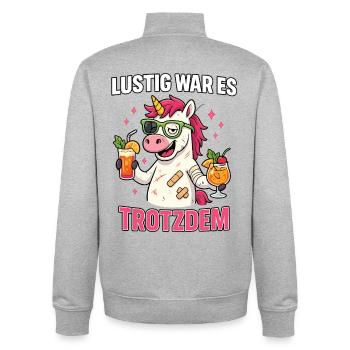 einhorn betrunken, lustig war es, Party Shirt - Unisex Organic Zip Sweatshirt von Stanley/Stella - Grau meliert - Hinten - AI Model Male 185 light (185cm)