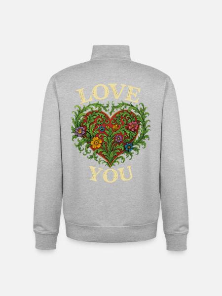 Love You Heart, Romantic Gift - Unisex Organic Zip Sweatshirt by Stanley/Stella - heather grey