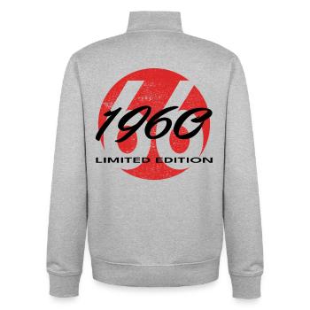 66e anniversaire 1960 cadeau pour hommes et femmes - Sweat zippé unisexe en coton bio Stanley/Stella - gris chiné - Dos - AI Model Male 185 light (185cm)