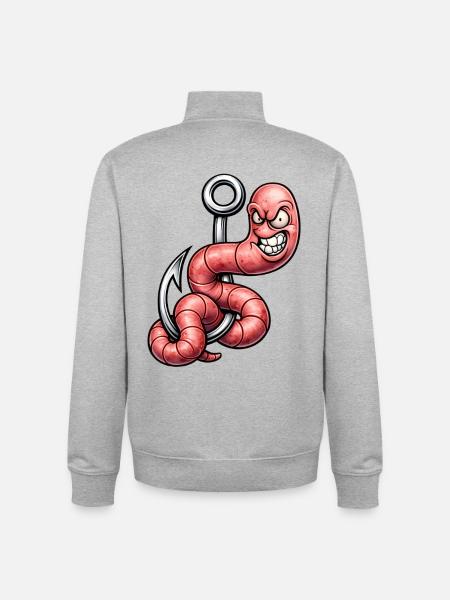 Angry Worm on the Hook – Cartoon Design - Unisex Organic Zip Sweatshirt by Stanley/Stella - heather grey