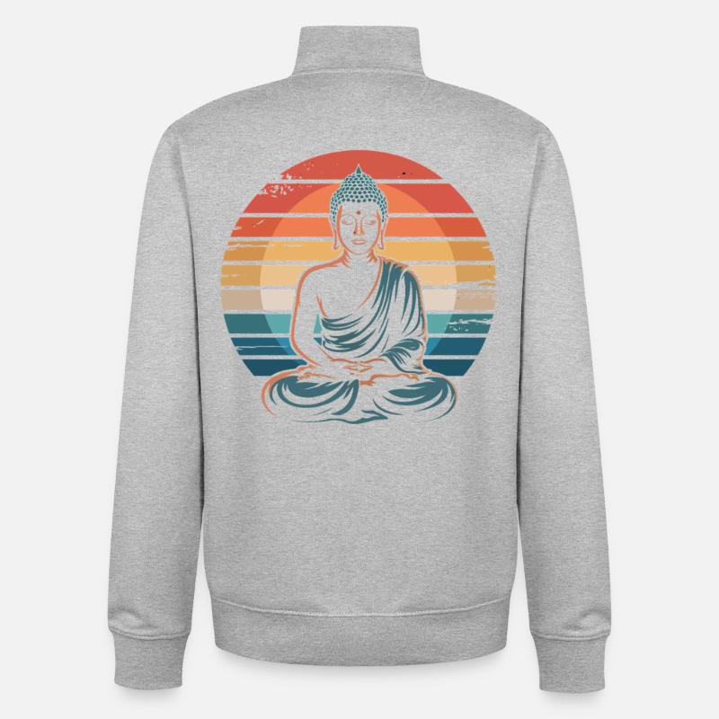Bouddha Coucher de soleil rétro - Sweat zippé unisexe en coton bio Stanley/Stella - gris chiné