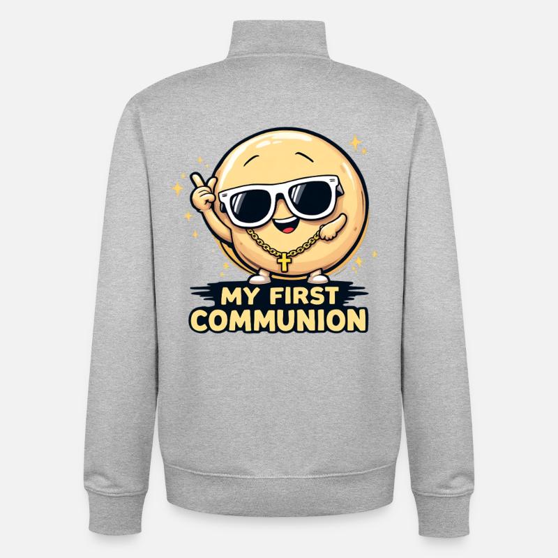 Dessin animé de la Première Communion - Sweat zippé unisexe en coton bio Stanley/Stella - gris chiné