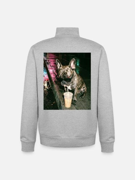 French Bulldog Drinking Iced Coffee - Unisex Organic Zip Sweatshirt by Stanley/Stella - heather grey