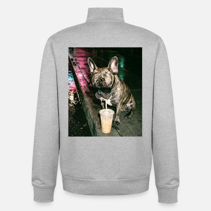 Bouledogue français buvant du café glacé - Sweat zippé unisexe en coton bio Stanley/Stella - gris chiné