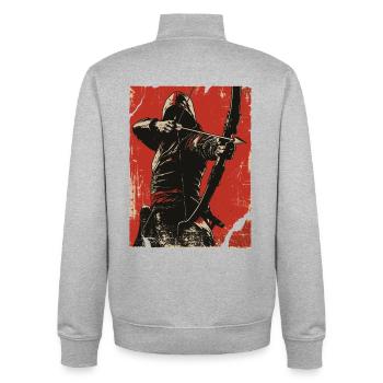 Kapuzen Bogenschütze auf rotem Hintergrund - Unisex Organic Zip Sweatshirt von Stanley/Stella - Grau meliert - Hinten - AI Model Male 185 light (185cm)