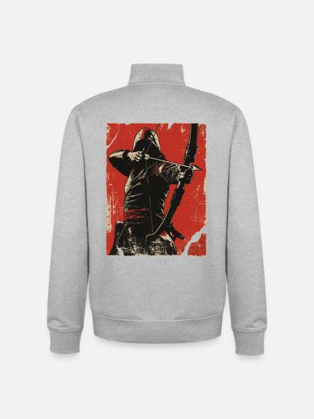 Hooded archer on red background - Unisex Organic Zip Sweatshirt by Stanley/Stella - heather grey