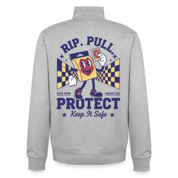 RIP PULL PROTECT Keep It Safe Trading Card - Unisex Organic Zip Sweatshirt by Stanley/Stella - heather grey - Back - AI Model Male 185 light (185cm)