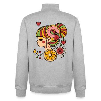 Colorful Woman Profile with Donut and Fruits - Unisex Organic Zip Sweatshirt by Stanley/Stella - heather grey - Back - AI Model Male 185 light (185cm)
