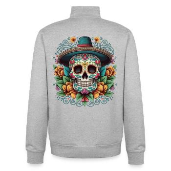 Crâne en sucre avec chapeau et Aztèque floral - Sweat zippé unisexe en coton bio Stanley/Stella - gris chiné - Dos - AI Model Male 185 light (185cm)