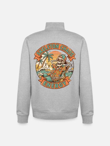 Skeleton Chaos Energy Retro Beach Graphic - Unisex Organic Zip Sweatshirt by Stanley/Stella - heather grey