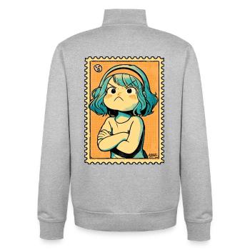 Dessin timbré aux cheveux turquoise défiants - Sweat zippé unisexe en coton bio Stanley/Stella - gris chiné - Dos - AI Model Male 185 light (185cm)