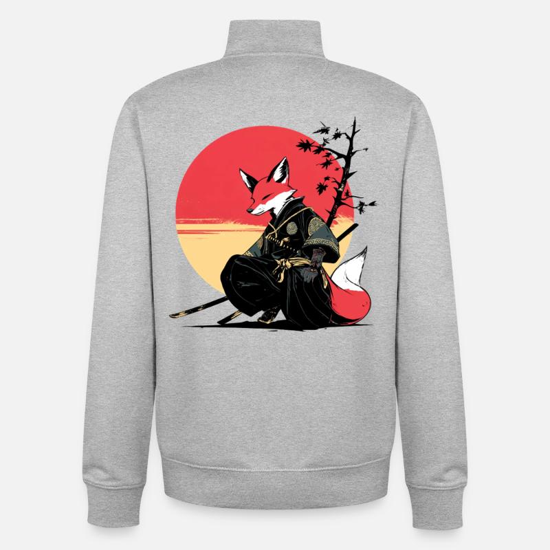 Fox Samurai at Sunset - Unisex Organic Zip Sweatshirt by Stanley/Stella - heather grey