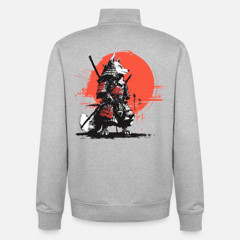 Fuchs-Samurai in Roter Sonnen-Rüstung - Unisex Organic Zip Sweatshirt von Stanley/Stella - Grau meliert