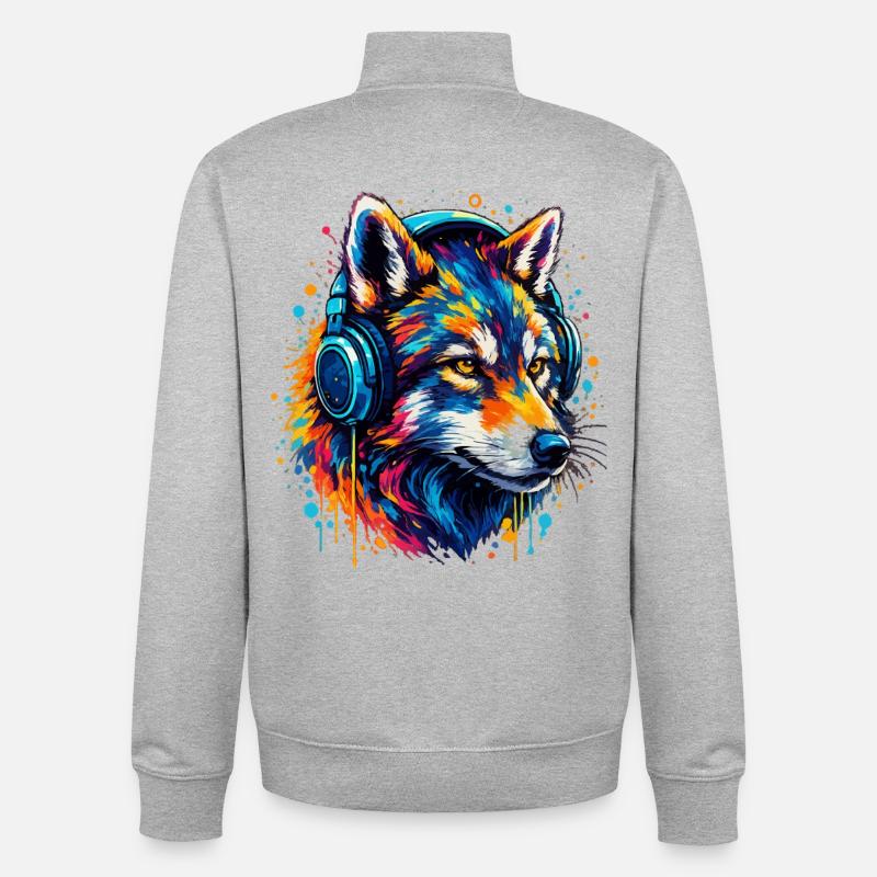 Fuchs mit Neon Kopfhörer Kunst - Unisex Organic Zip Sweatshirt von Stanley/Stella - Grau meliert