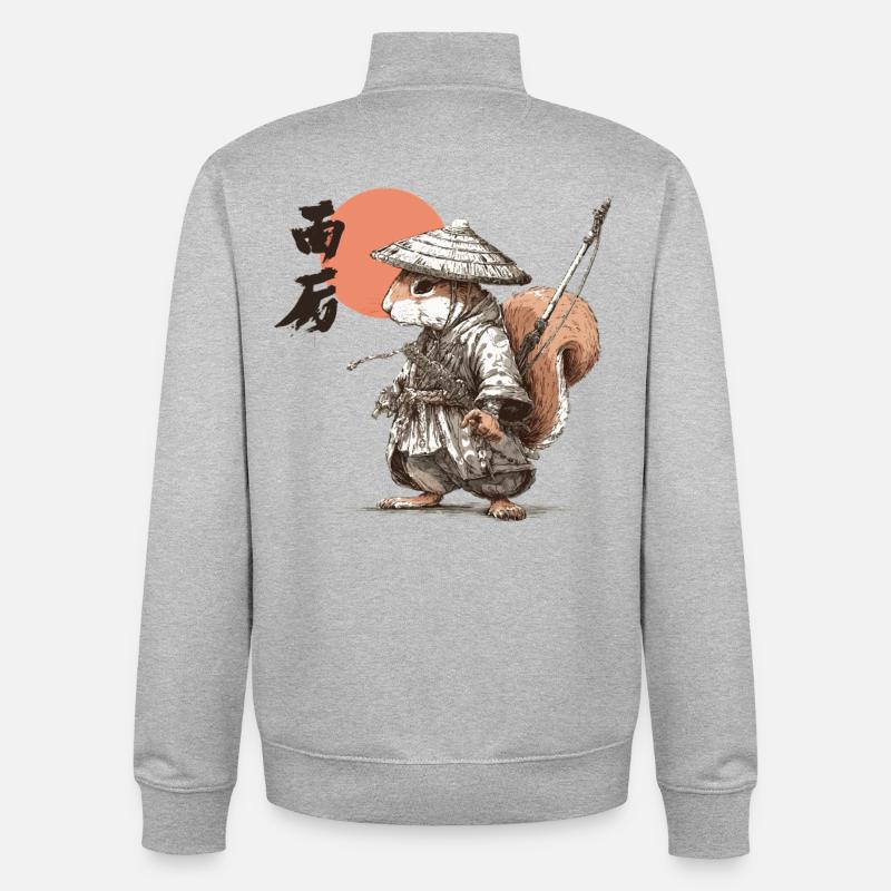 Samurai Squirrel under Red Sun - Unisex Organic Zip Sweatshirt by Stanley/Stella - heather grey