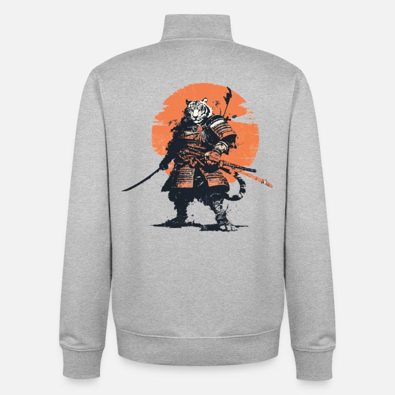Tiger Samurai in Ember Moon - Unisex Organic Zip Sweatshirt by Stanley/Stella - heather grey