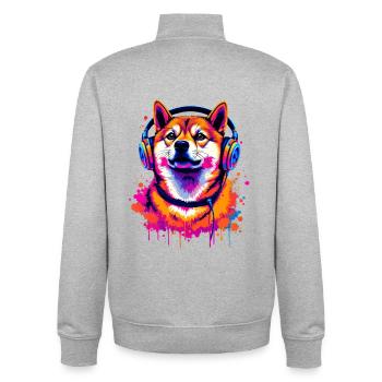 Shiba Inu mit Kopfhörer - Unisex Organic Zip Sweatshirt von Stanley/Stella - Grau meliert - Hinten - AI Model Male 185 light (185cm)