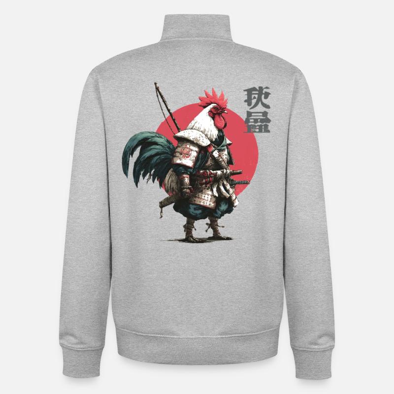 Rooster Samurai in Crimson Circle - Unisex Organic Zip Sweatshirt by Stanley/Stella - heather grey