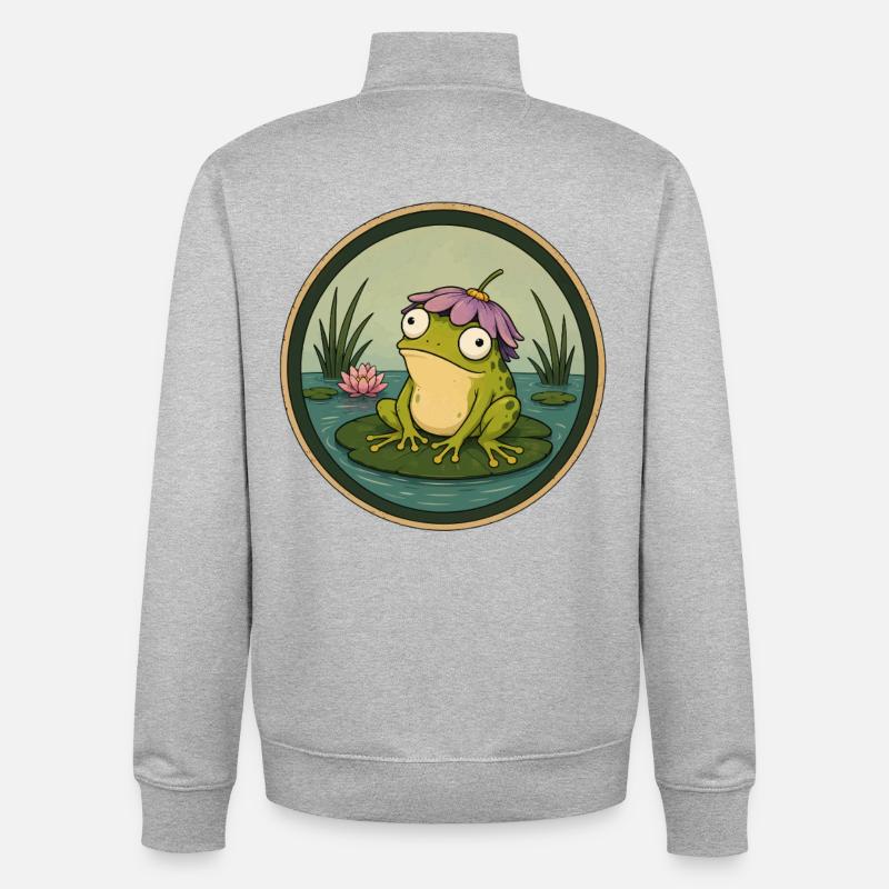 River frog on lily pad - Unisex Organic Zip Sweatshirt by Stanley/Stella - heather grey