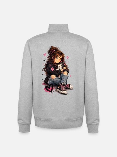 Chat et fille – amitié à câliner - Sweat zippé unisexe en coton bio Stanley/Stella - gris chiné
