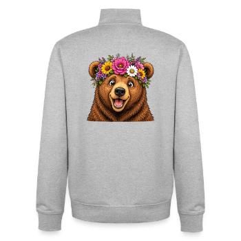 Ours avec décoration florale - Sweat zippé unisexe en coton bio Stanley/Stella - gris chiné - Dos - AI Model Male 185 light (185cm)