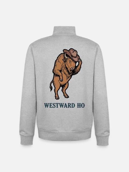 Westward Bison with Cowboy Hat - Unisex Organic Zip Sweatshirt by Stanley/Stella - heather grey
