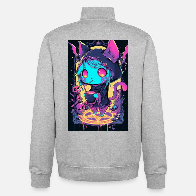 Sweat à capuche Neon Cat Magic | Chat punk - Sweat zippé unisexe en coton bio Stanley/Stella - gris chiné