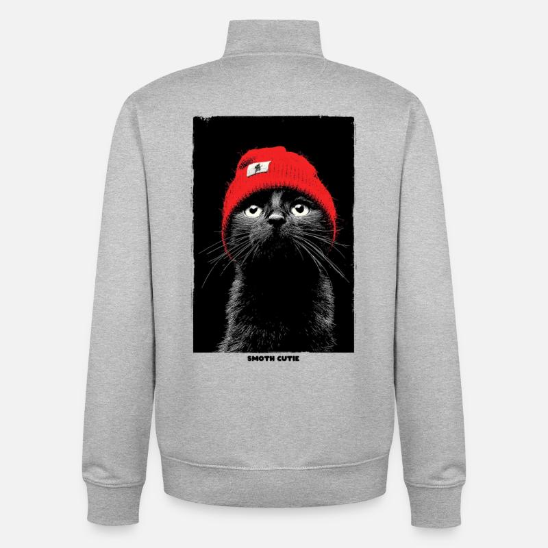 Cat in Red Cap: Noir Contrast - Unisex Organic Zip Sweatshirt by Stanley/Stella - heather grey