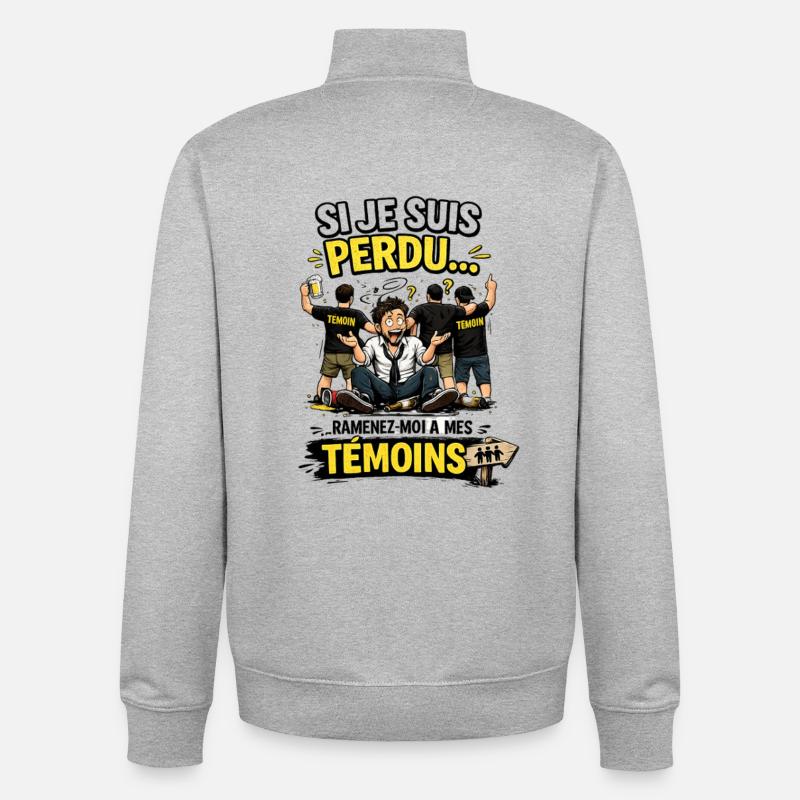Perdu… TémoinS - Bande d’amis comique - Sweat zippé unisexe en coton bio Stanley/Stella - gris chiné