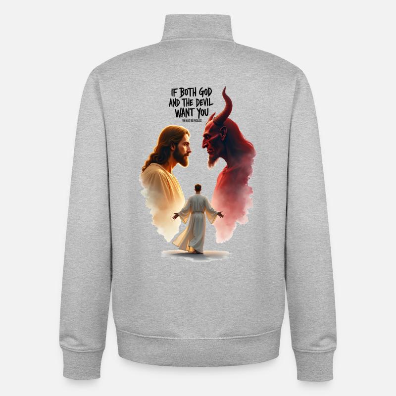 God's Choice Between Good and Evil - Unisex Organic Zip Sweatshirt by Stanley/Stella - heather grey