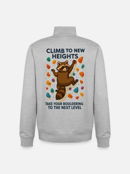 Bouldering Raccoon Motivation: Climb New Heights - Unisex Organic Zip Sweatshirt by Stanley/Stella - heather grey