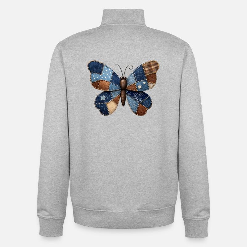 Patchwork Denim Butterfly - Unisex Organic Zip Sweatshirt by Stanley/Stella - heather grey