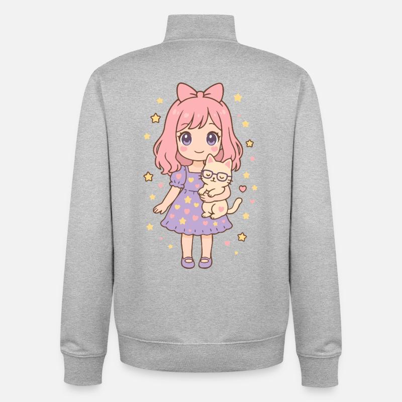Kleines Mädchen mit Katze von Helfspawn - Unisex Organic Zip Sweatshirt von Stanley/Stella - Grau meliert