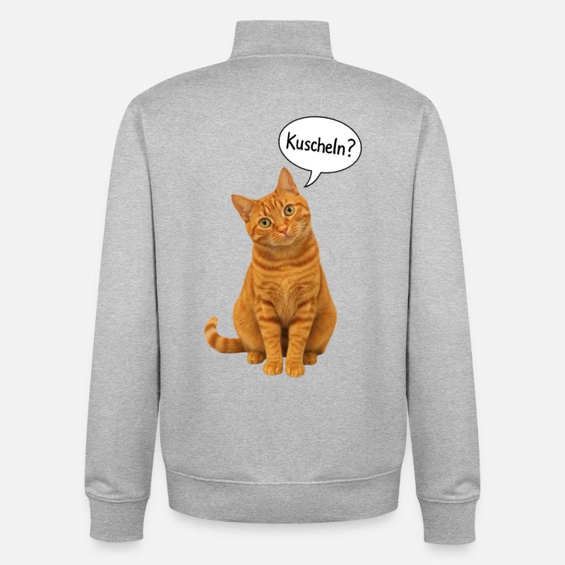 Red cat with tilted head asks: "Cuddle?" - Unisex Organic Zip Sweatshirt by Stanley/Stella - heather grey
