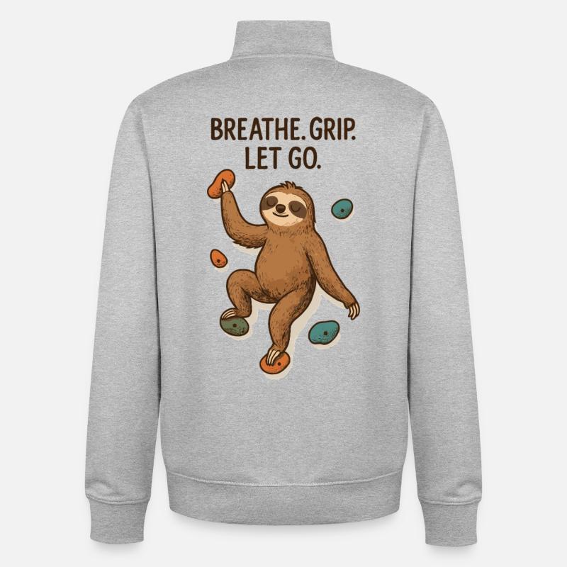 Zen Sloth: Grip Let Go Climbing - Unisex Organic Zip Sweatshirt by Stanley/Stella - heather grey