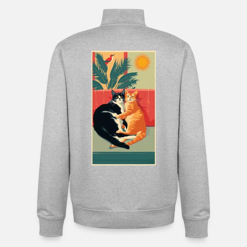 Deux chats dans un moment rétro - Sweat zippé unisexe en coton bio Stanley/Stella - gris chiné