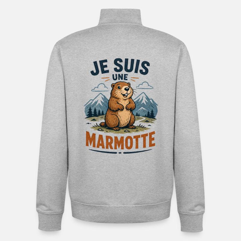 Marmotte des Alpes Souriante - Sweat zippé unisexe en coton bio Stanley/Stella - gris chiné