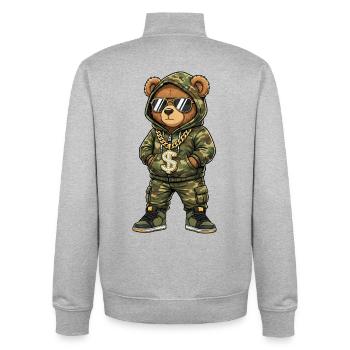 Ours en peluche camouflage avec chaîne en or - Sweat zippé unisexe en coton bio Stanley/Stella - gris chiné - Dos - AI Model Male 185 light (185cm)