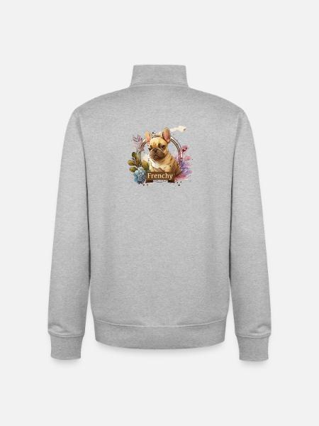 French Bulldog in Flower Frame - Unisex Organic Zip Sweatshirt by Stanley/Stella - heather grey