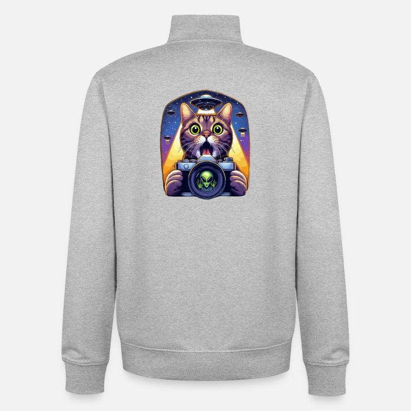 Lustige verängstigte Katze mit UFO-Alien-Angriff 3D-Effekt - Unisex Organic Zip Sweatshirt von Stanley/Stella - Grau meliert