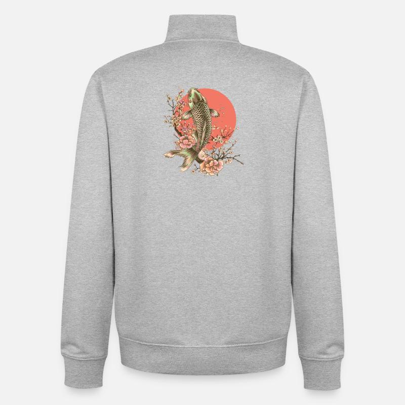 Elegant Fish with Cherry Blossoms Design - Unisex Organic Zip Sweatshirt by Stanley/Stella - heather grey