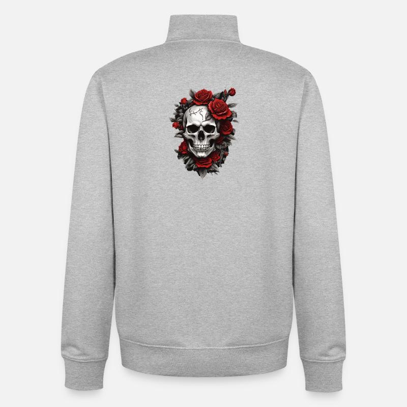 Crâne avec des roses rouges - Sweat zippé unisexe en coton bio Stanley/Stella - gris chiné