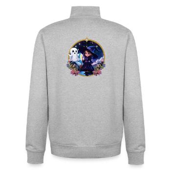 Kleine Hexe mit großen, strahlenden Augen. - Unisex Organic Zip Sweatshirt von Stanley/Stella - Grau meliert - Hinten - AI Model Male 185 light (185cm)