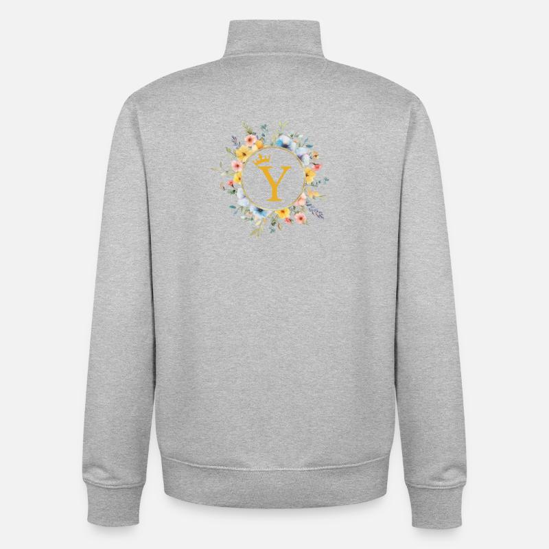 Monogramme Y, Cercle de fleurs, Personnalisable - Sweat zippé unisexe en coton bio Stanley/Stella - gris chiné