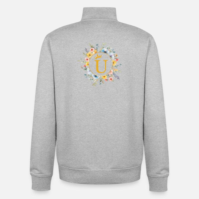 U monogramme, cercle de fleurs, personnalisable - Sweat zippé unisexe en coton bio Stanley/Stella - gris chiné