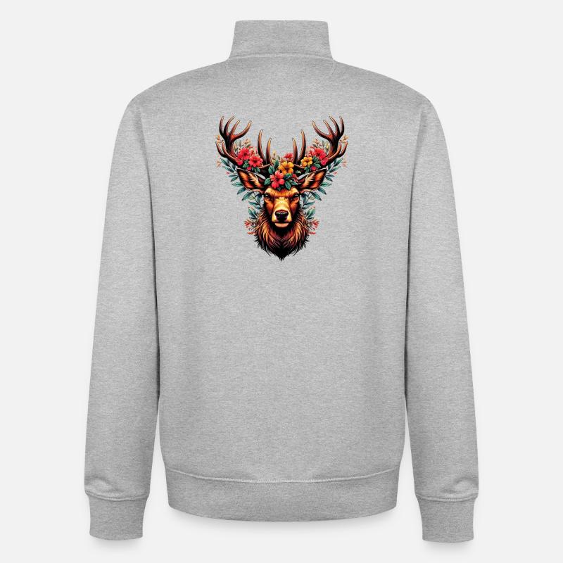 Cerf avec des fleurs - Sweat zippé unisexe en coton bio Stanley/Stella - gris chiné