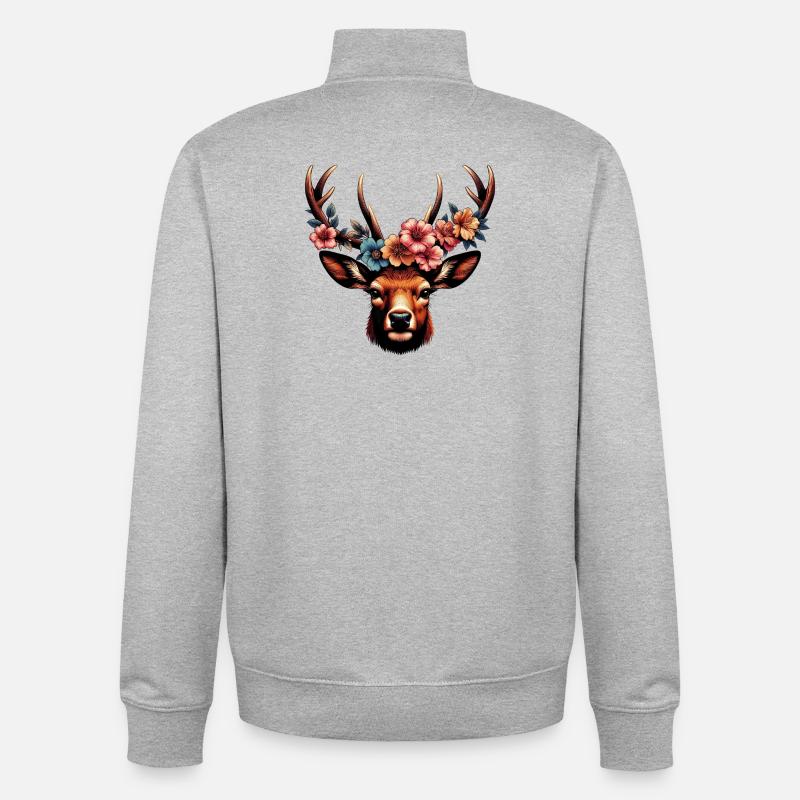 Cerf avec des fleurs - Sweat zippé unisexe en coton bio Stanley/Stella - gris chiné