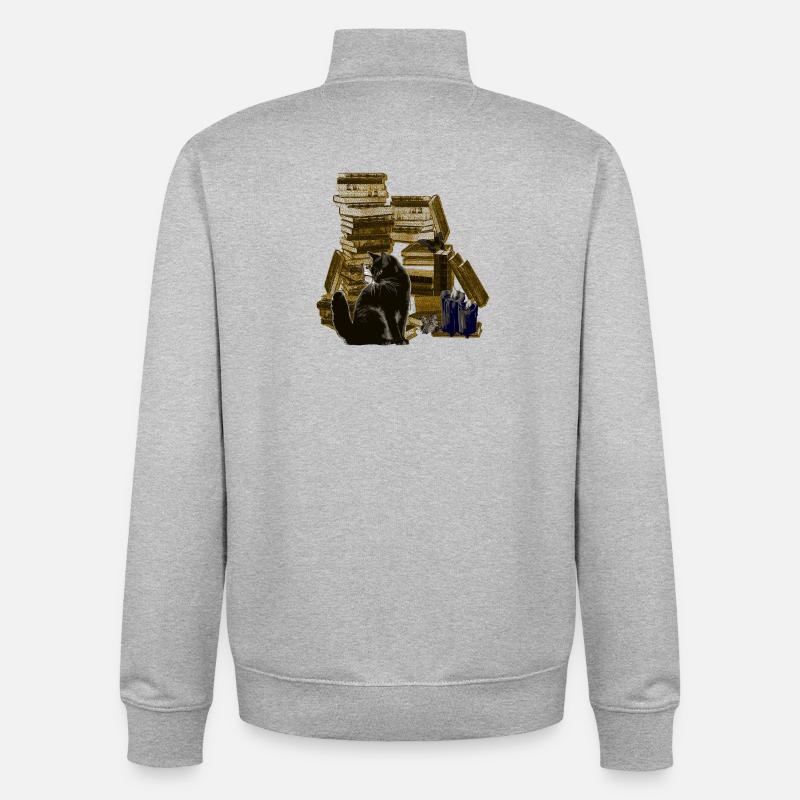 Bücherstapel mit Katze, lesen - Unisex Organic Zip Sweatshirt von Stanley/Stella - Grau meliert