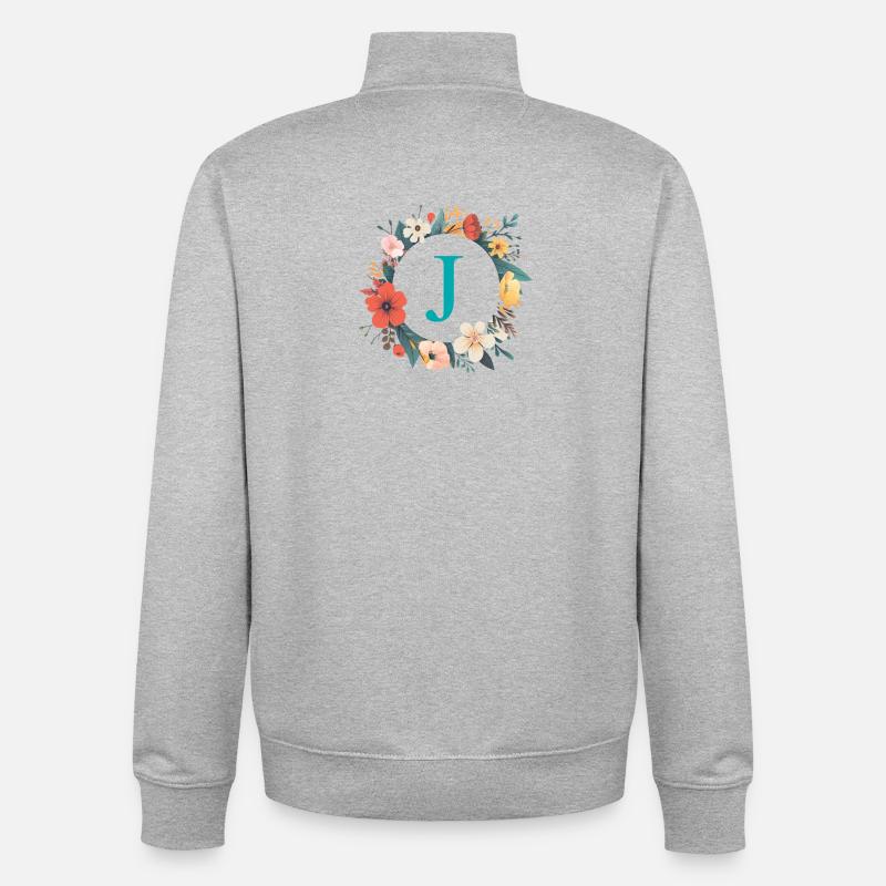 J Monogram, Flower Wreath, Personalizable - Unisex Organic Zip Sweatshirt by Stanley/Stella - heather grey