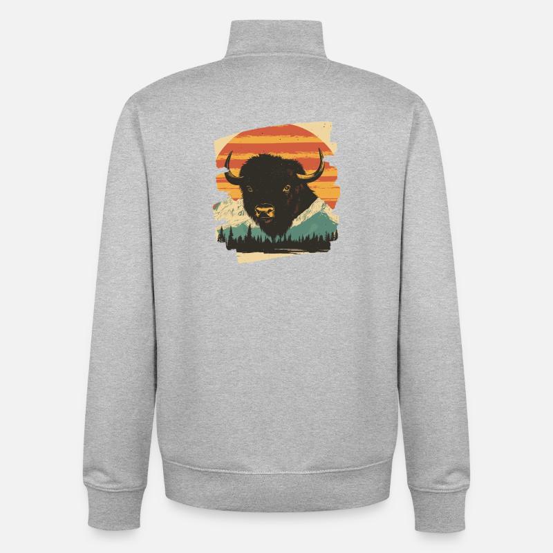 Bison Rétro - Sweat zippé unisexe en coton bio Stanley/Stella - gris chiné